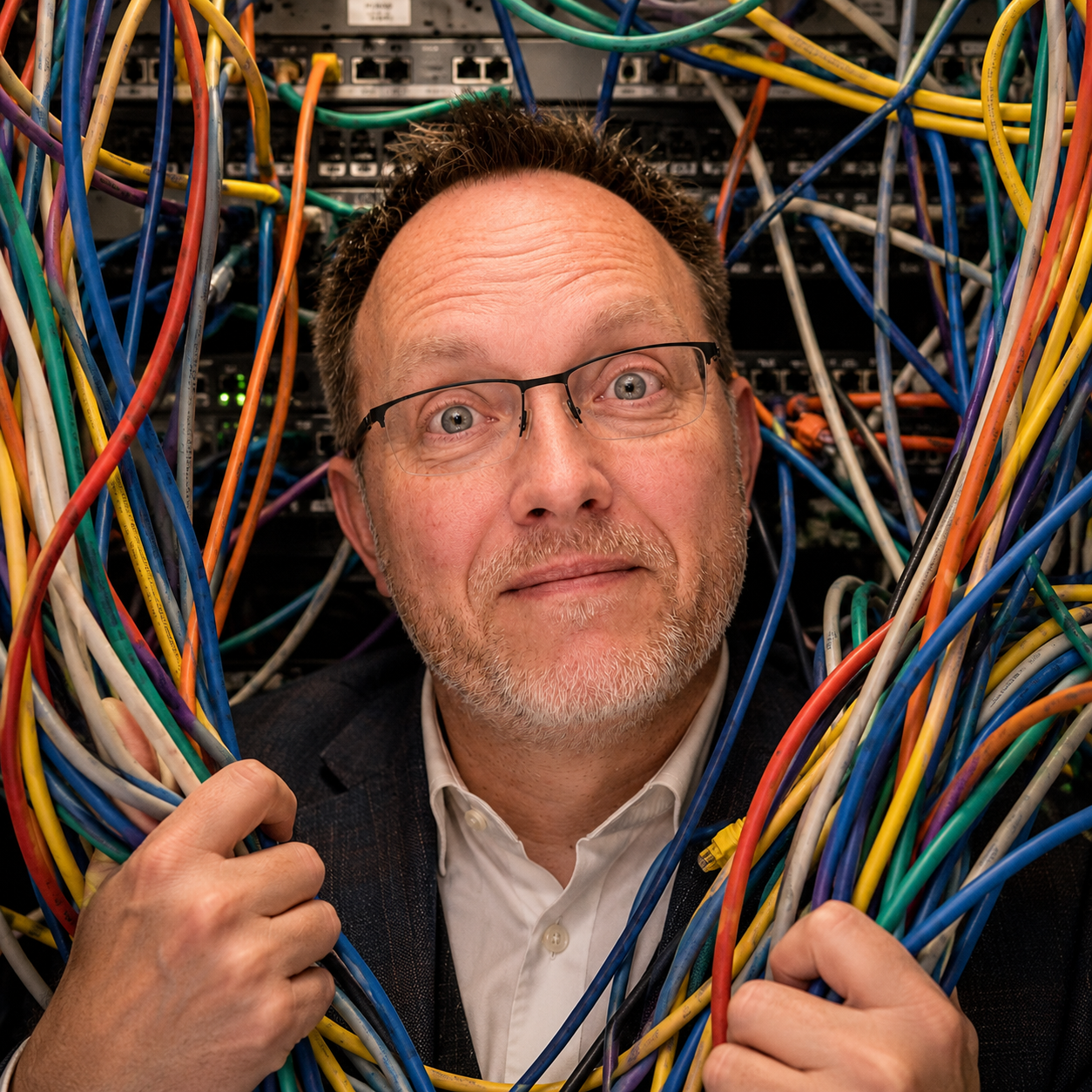 Damian Raszewski surrounded by network cables — I tackle complex problems so you don’t have to